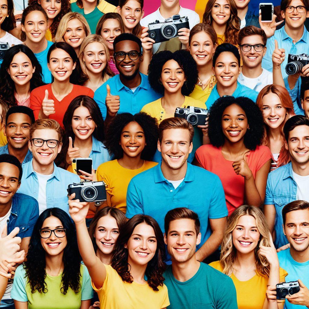 A collage of diverse individuals joyfully creating video content, showcasing bright smiles and laughter, surrounded by vibrant colors and artistic elements like video cameras, film reels, and playful doodles. Include elements representing sharing, such as thumbs up and heart symbols floating around. The scene should emanate a warm, inviting atmosphere that embodies happiness and creativity. super-realistic. vibrant colors. cheerful background.