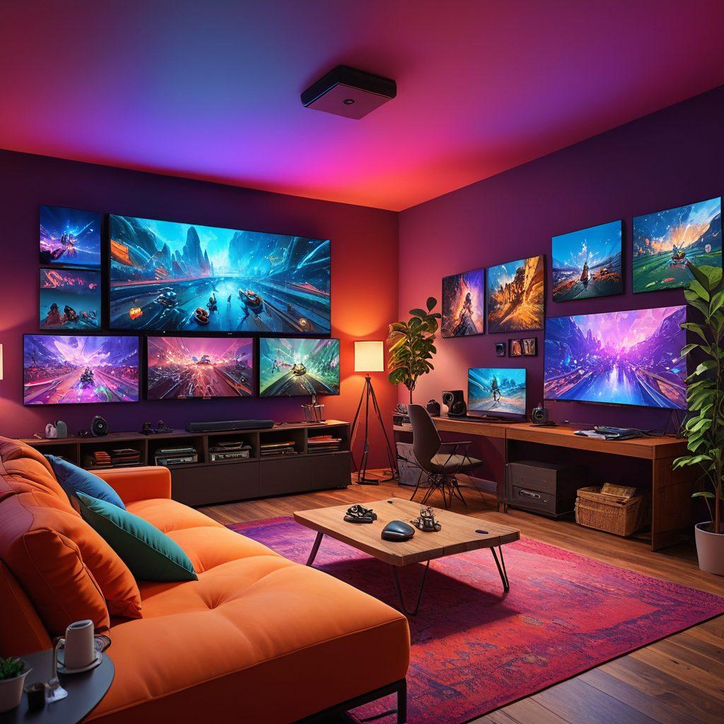 A vibrant scene showcasing diverse individuals streaming collaboratively in a cozy, colorful room filled with screens and streaming equipment. They are joyfully interacting with each other, sharing ideas, and creating content together. The atmosphere is lively and filled with colorful visuals representing different streaming media genres, such as gaming, music, and education. Emphasize a sense of community, creativity, and joy in the environment. super-realistic. vibrant colors. 3D.