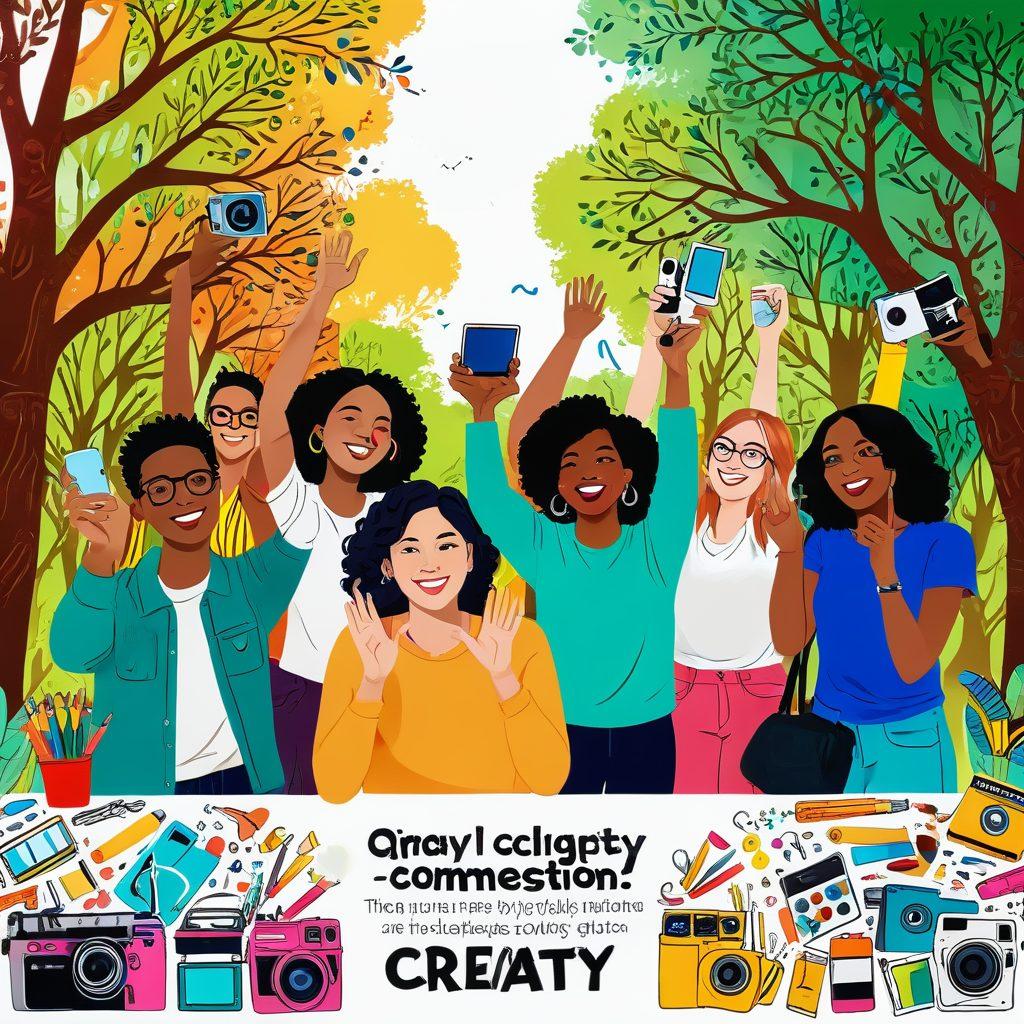 A vibrant and joyful scene showcasing a diverse group of people creating videos together, surrounded by colorful art supplies and cameras. The background features playful doodles and uplifting words like 'Creativity' and 'Connection'. Bright sunlight filters through trees, casting cheerful shadows, emphasizing a sense of community and joy. super-realistic. vibrant colors. white background.